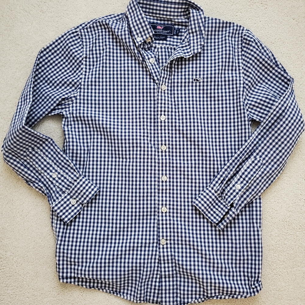 Vineyard Vines Boys Blue Gingham 100% Cotton Button-down Whale Shirt szL (16)